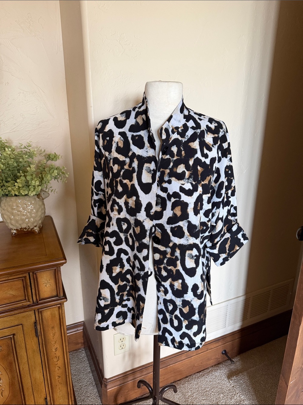 Staple Leopard-Print Button Jacket/Top  in Black, White & Brown